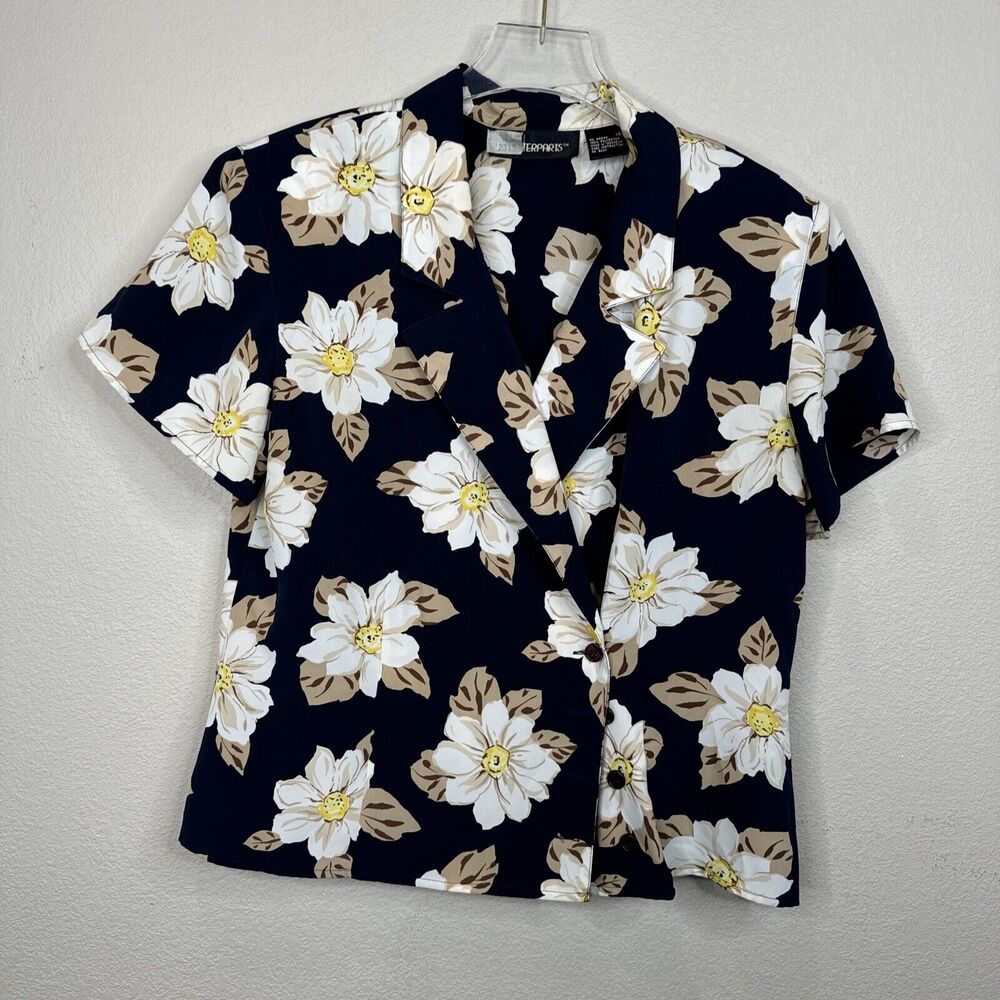 Counterparts Blouse 14 Floral Button Front Short Sleeve Blue Romantic‎ Cottage